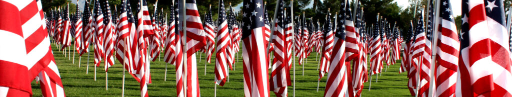 US flags lined up at a memorial