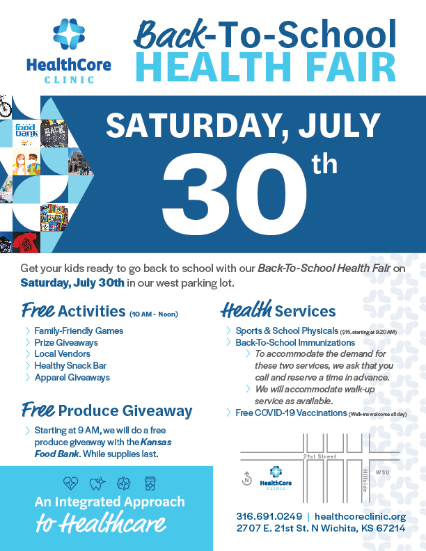 Back-To-School Health Fair flyer with details on the event for July 30th, 2022. All information on the flyer is covered on the webpage in greater detail.