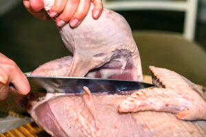 Close-up hand with knife cutting raw, uncooked turkey on table before preparing