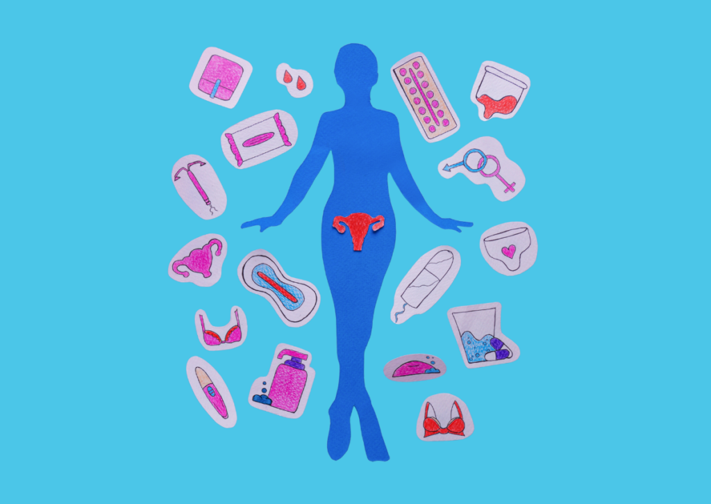 Illustration of a woman surrounded by symbols representing menopause, reproductive health, and symptom management.